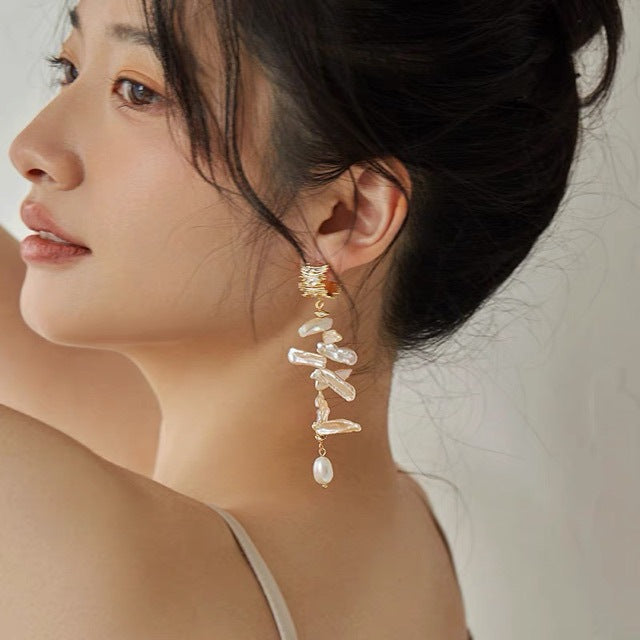 小众设计复古长款淡水琵琶珍珠夸张耳环925银针婚礼耳钉女神百搭
