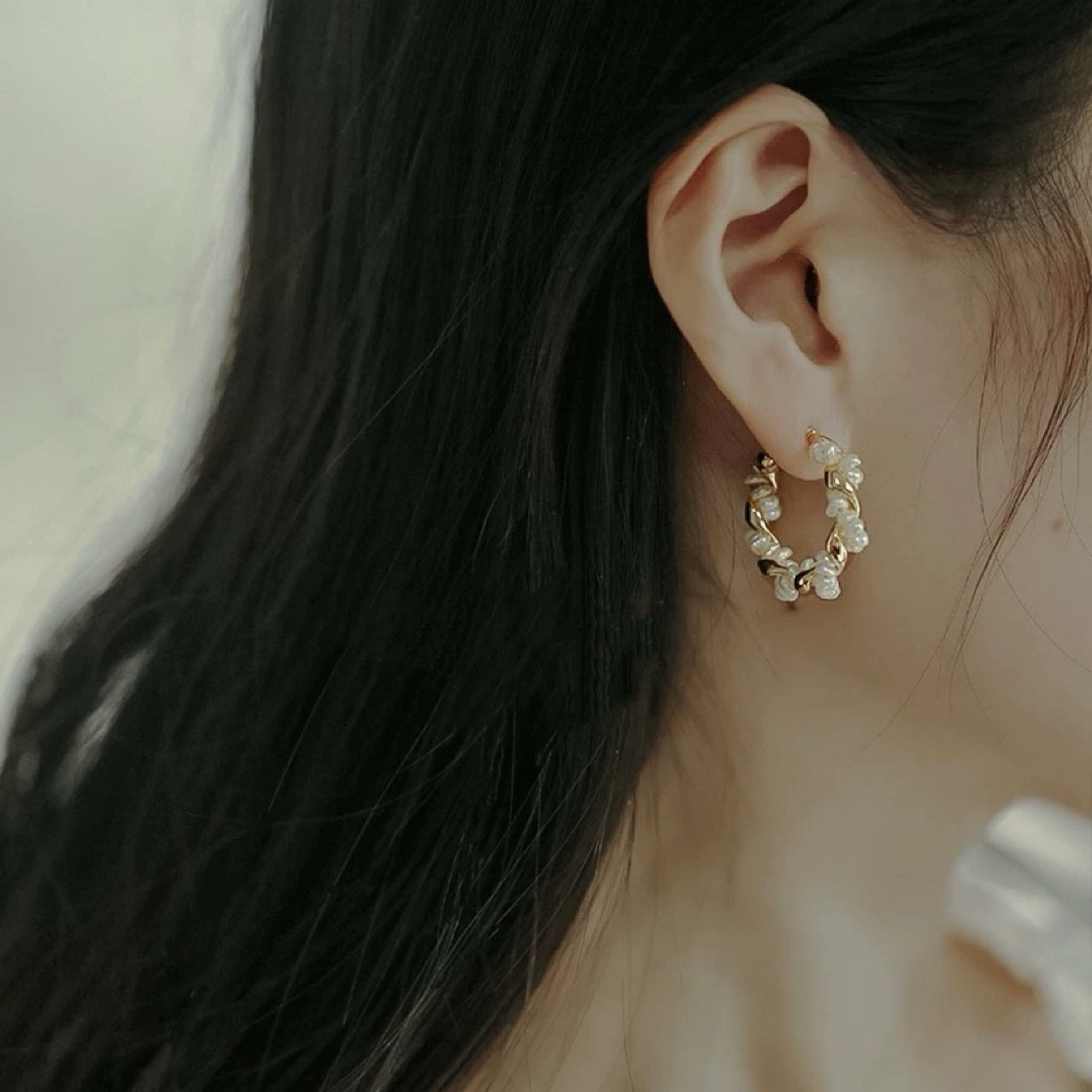 耳环圈圈女天然淡水珍珠轻奢气质大气方圆脸法式小众金色大C耳饰