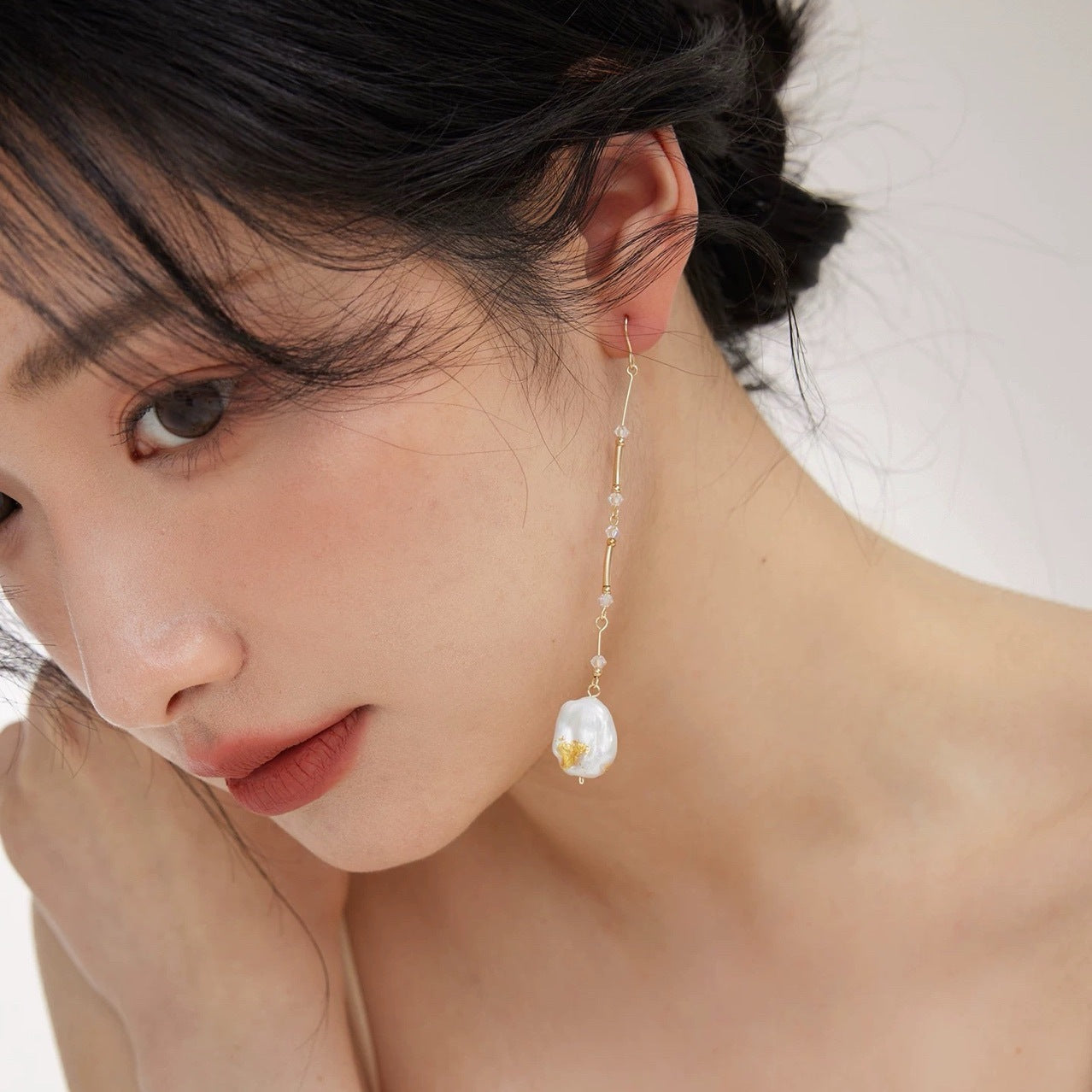 金箔手工天然淡水巴洛克铜镀14k金耳环女小众设计感显瘦耳饰长款
