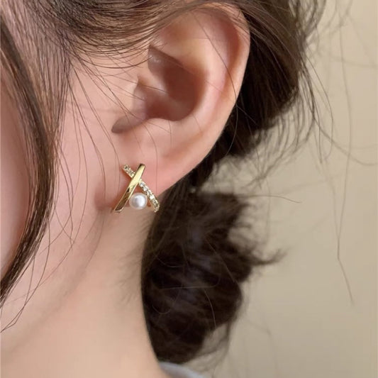 微镶锆石交叉天然淡水珍珠耳钉感s925银针气质百搭小巧女