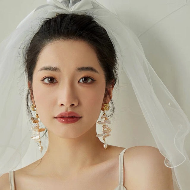 小众设计复古长款淡水琵琶珍珠夸张耳环925银针婚礼耳钉女神百搭