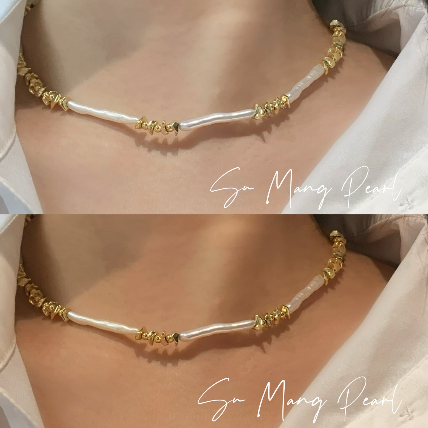 # Natural Freshwater Toothpick Pearl Necklace, Retro Gold Niche Design High-end Light Luxury Pearl Choker