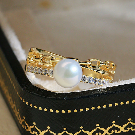 SuMang Jewelry S925 Silver Light Luxury Design Pearl Ring 8-9mm Natural Freshwater Pearl