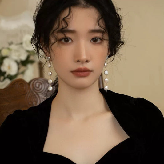 天然巴洛克扁片纽扣珍珠长款流苏坠感显瘦耳坠耳环耳钉女耳线优雅