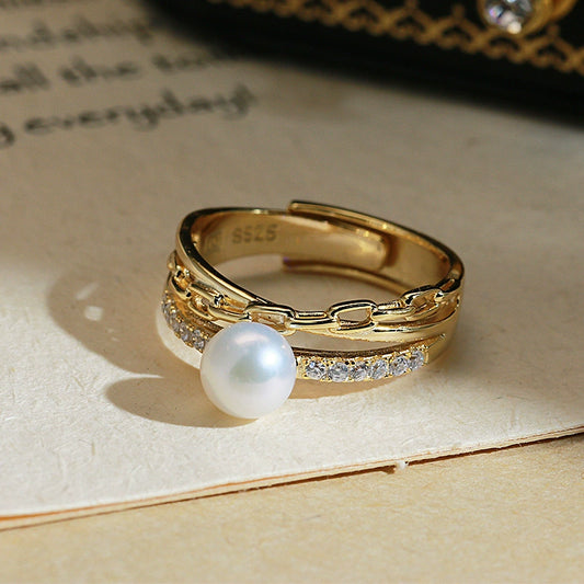 SuMang Jewelry S925 Silver Light Luxury Design Pearl Ring 8-9mm Natural Freshwater Pearl