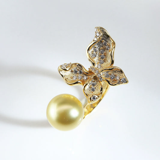11-12Mm natural freshwater pearl light luxury retro butterfly pearl ring DIYs925