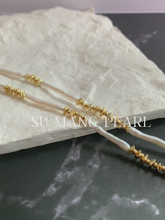 # Natural Freshwater Toothpick Pearl Necklace, Retro Gold Niche Design High-end Light Luxury Pearl Choker