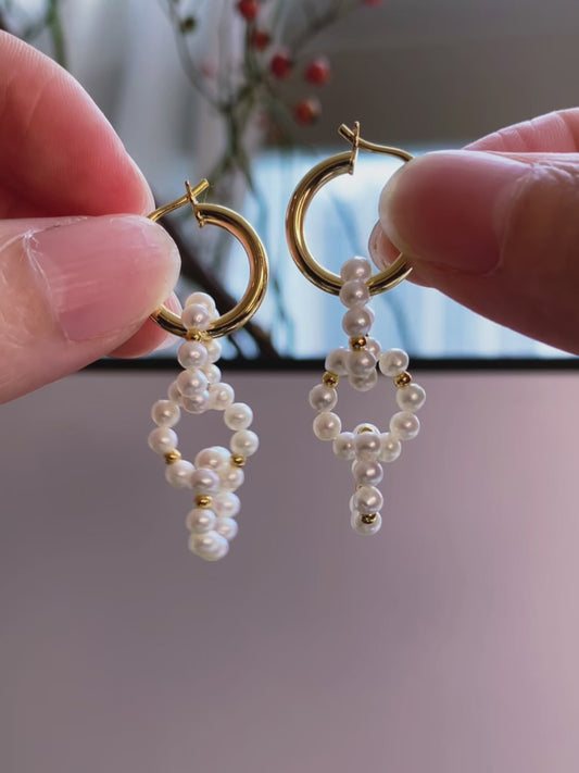 Natural Pearl Interlocking Hoop Earrings, S925 Sterling Silver